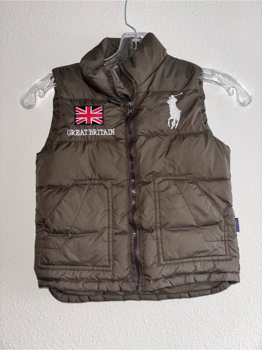 Polo Ralph Lauren Kids Great Britain Big Pony Puffer Vest Brown Sz M 10-12 - Picture 2 of 4